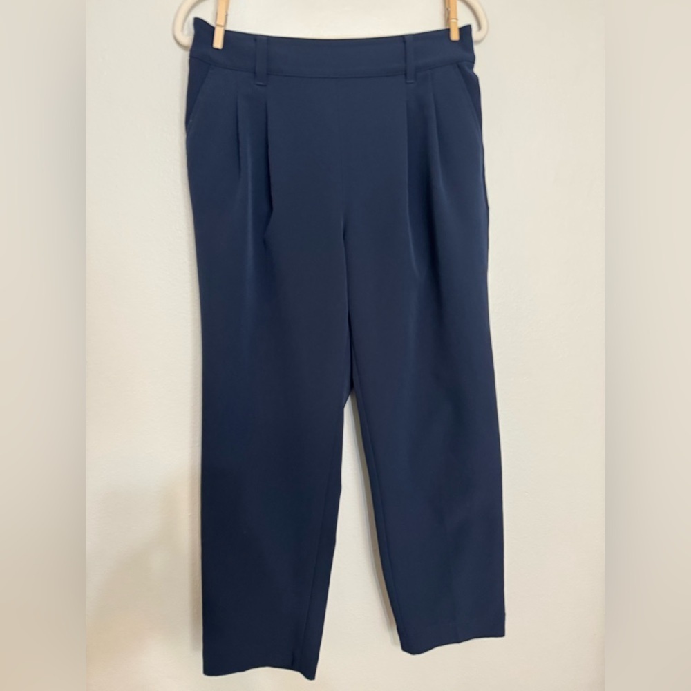 Loft High Rise Straight Elastic Waist Pull On Pleated Trouser in Navy - Picture 2 of 4